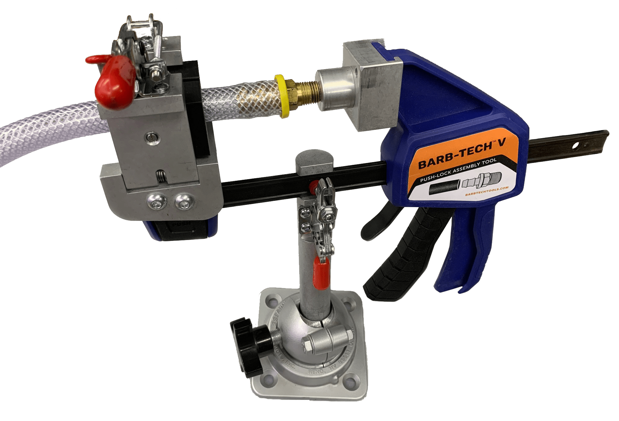 The Third Hand from Barb-Tech Tools and distributed by Plastixs is the ultimate bench-mounted companion for ALL your Barb-Tech Hose Assembly Tools