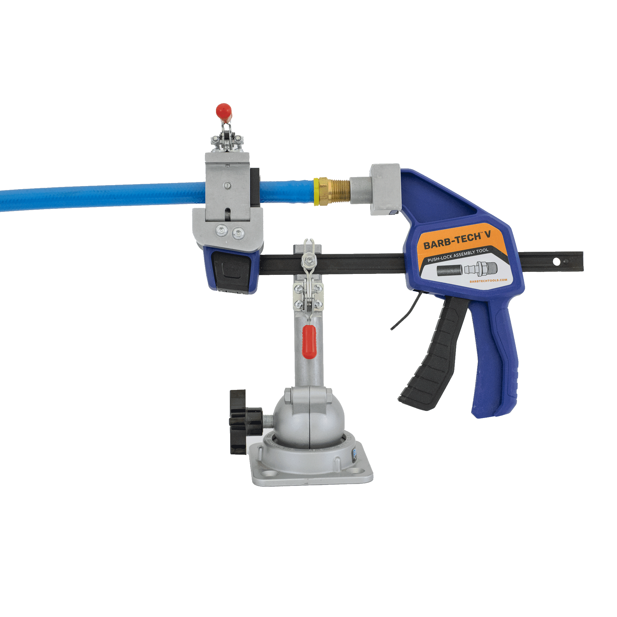The Third Hand from Barb-Tech Tools and distributed by Plastixs is the ultimate bench-mounted companion for ALL your Barb-Tech Hose Assembly Tools