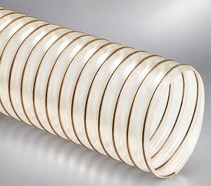 lexaust Flexadux PU Flx-Thane SDX-20 self-extinguishing light weight static dissipative clear polyurethane hose reinforced with a bronze coated spring steel wire helix.