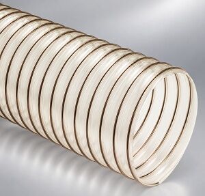 lexaust Flexadux PU Flx-Thane SDX-30 self-extinguishing medium weight static dissipative clear polyurethane hose reinforced with a bronze coated spring steel wire helix.